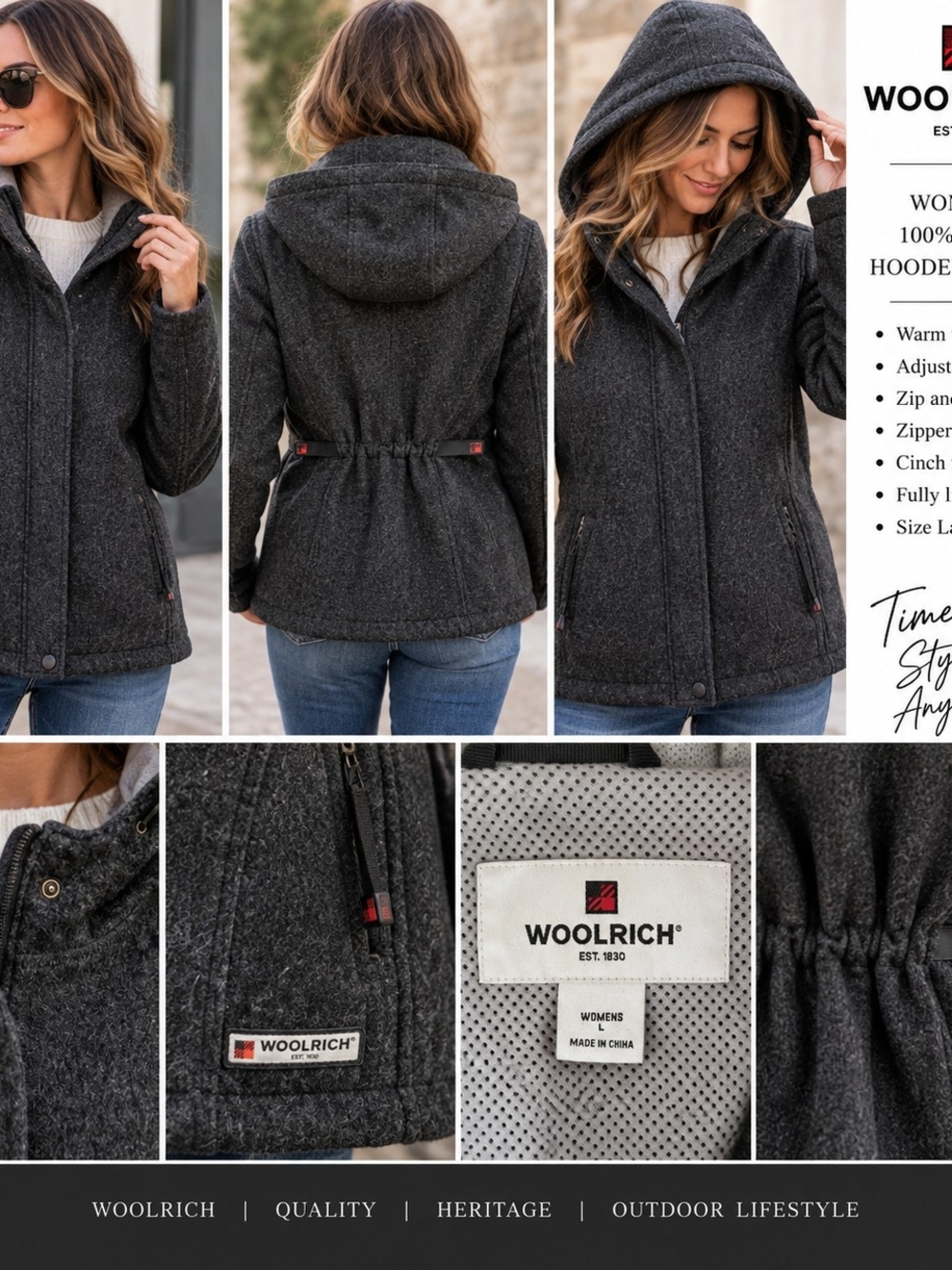 Woolrich Women's Charcoal Hooded Wool Jacket